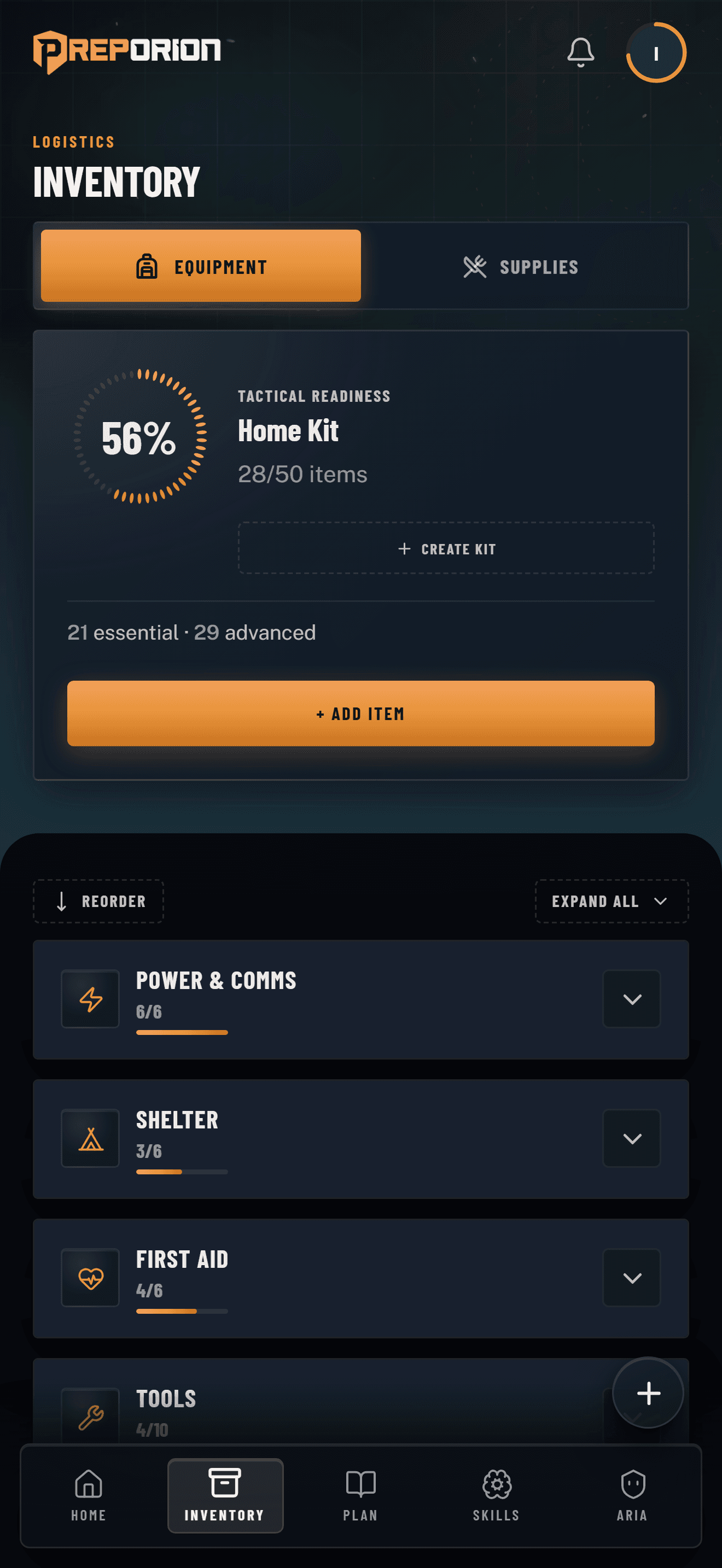 Preporion equipment checklist showing verified kit items