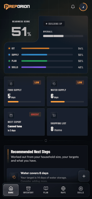 Preporion home screen in dashboard mode, showing the readiness score and pillar bars