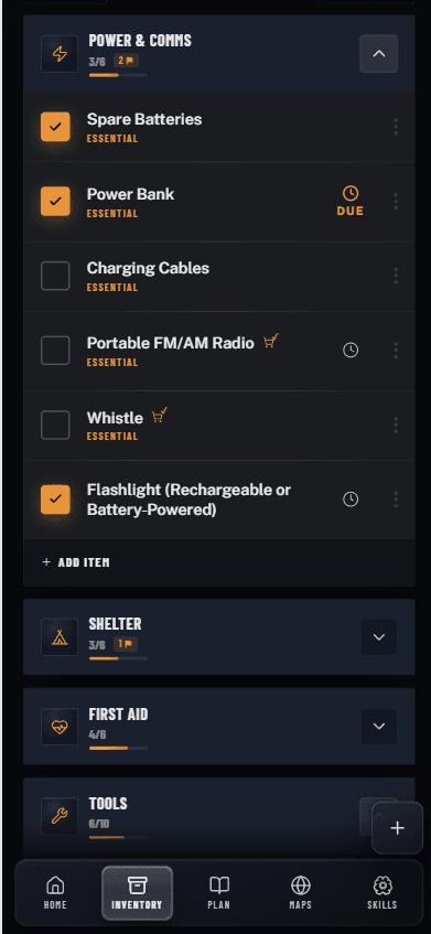 Preporion equipment checklist showing verified kit items